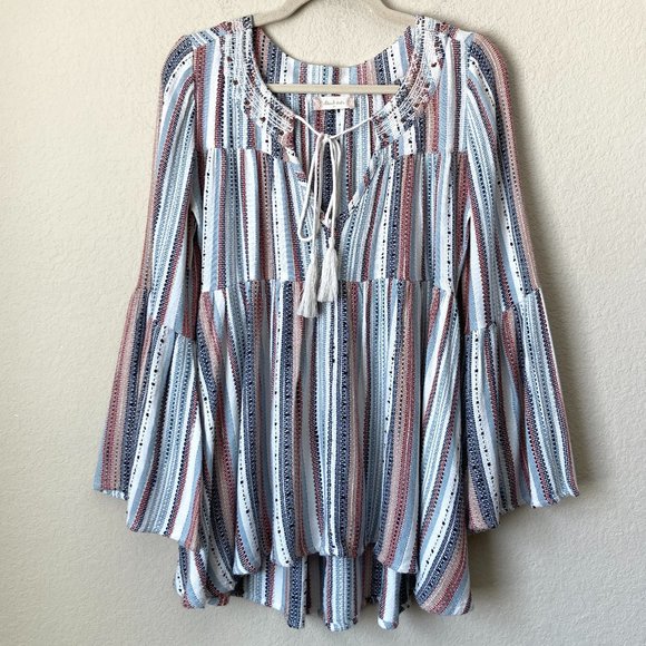 Altar'd State Tops - Altar'd State Boho Beaded Trim Tassel Tie Bell Sleeve Peasant Blouse